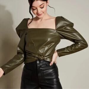 Hutch Anthropologie Faux Leather Square Neck Long Puff Sleeve Top Green Size 2